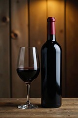 Dark glass wine bottle, golden wall, rustic wood, gold, texture, image