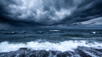 Obraz premium Dramatic Seascape with Dark Storm Clouds and Rough Waves Crashing on the Shoreline : Generative AI