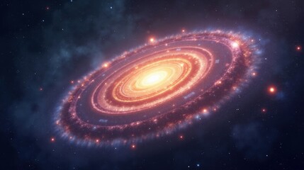 A colossal spiral galaxy stretching across infinity, its glowing arms swirling in Vector Art, a cosmic dance, radiant stardust shimmering against the vast darkness of space.