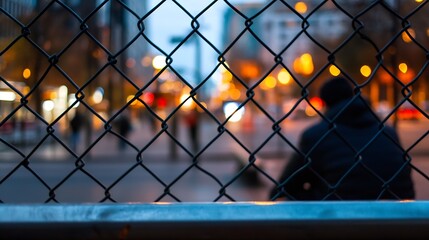 Urban evening view of a person sitting behind a chain link fence showcasing the contrast of city lights and solitude : Generative AI