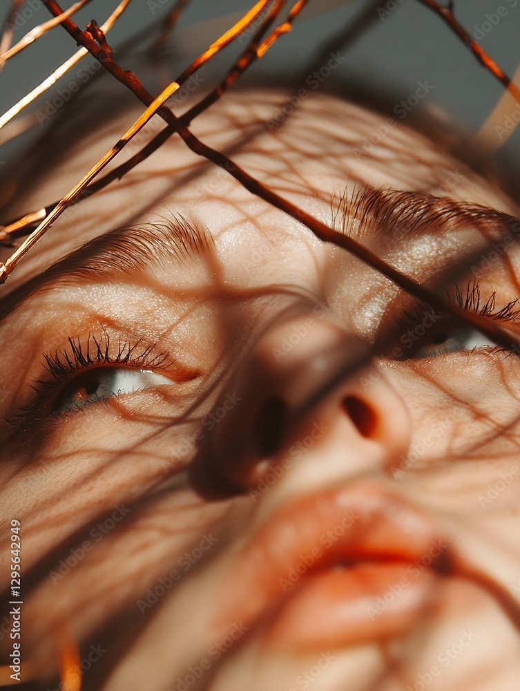 Leinwandbilder Close up portrait of model with artistic shadow patterns on face created by branches : Generative AI