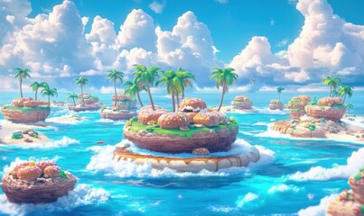 Donut-shaped islands in a tropical ocean with palm trees and fluffy clouds