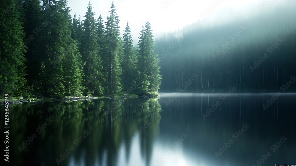 Poster Tranquil forest landscape with pine trees reflected in the calm waters of a misty lake at dawn : Generative AI