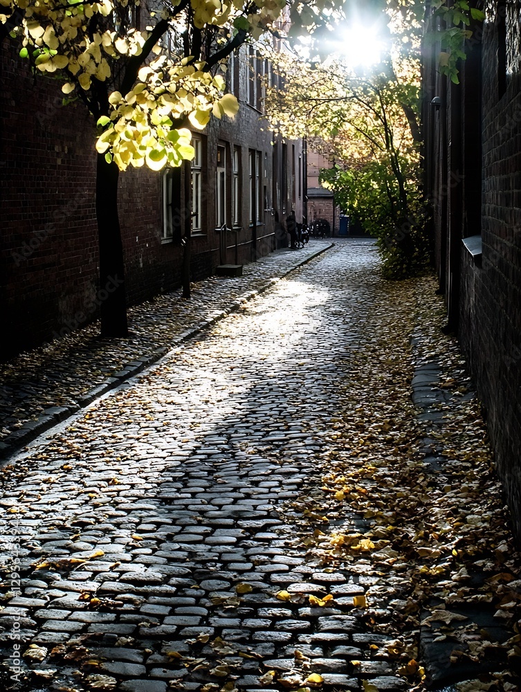 Poster serene autumn street scene with cobblestones and golden leaves illuminated by gentle sunlight : gene