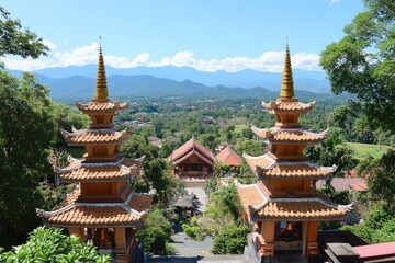 Naklejka premium Asian temple vista, mountains, town view, serene landscape