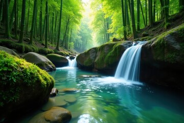 Crystal clear water tumbles down mossy rocks amid towering bamboo , scenic, plant, rural