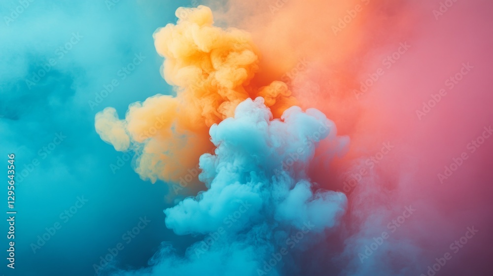 Poster billowing clouds of orange, blue, and pink mingle in a striking sunset sky, creating a surreal atmos