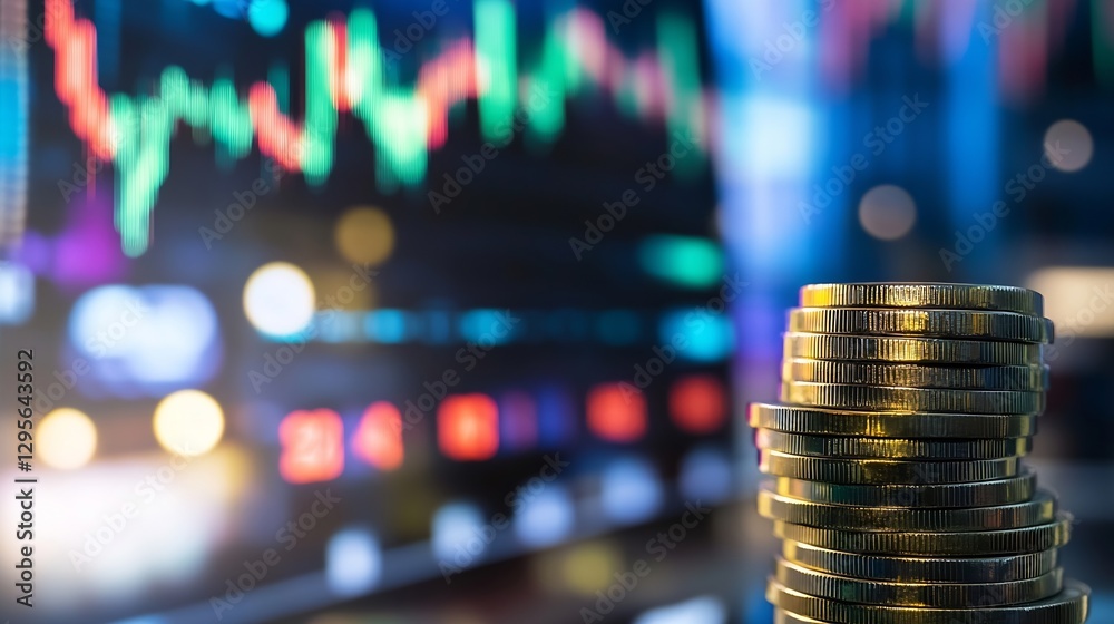 Poster Stacked coins in front of vibrant digital financial data showcasing wealth growth : Generative AI