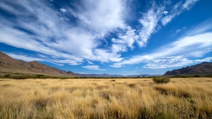 Fototapeta premium Vast golden grassland under a dramatic sky filled with clouds showcasing stunning natural beauty : Generative AI