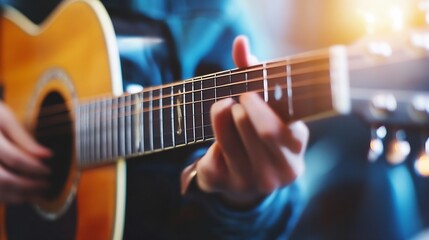 Obraz premium A close up view of fingers strumming an acoustic guitar showcasing passion and harmony : Generative AI