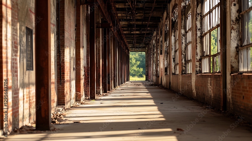 Poster abandoned industrial corridor with sunlight streaming through broken windows in a derelict building 