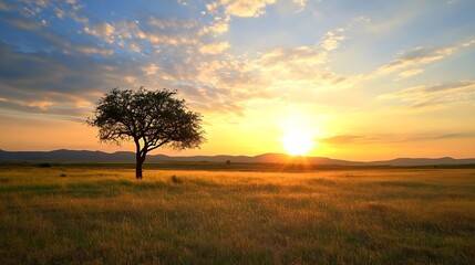 Obraz premium Lone Tree in Field at Sunset with Golden Sky and Countryside Landscape : Generative AI