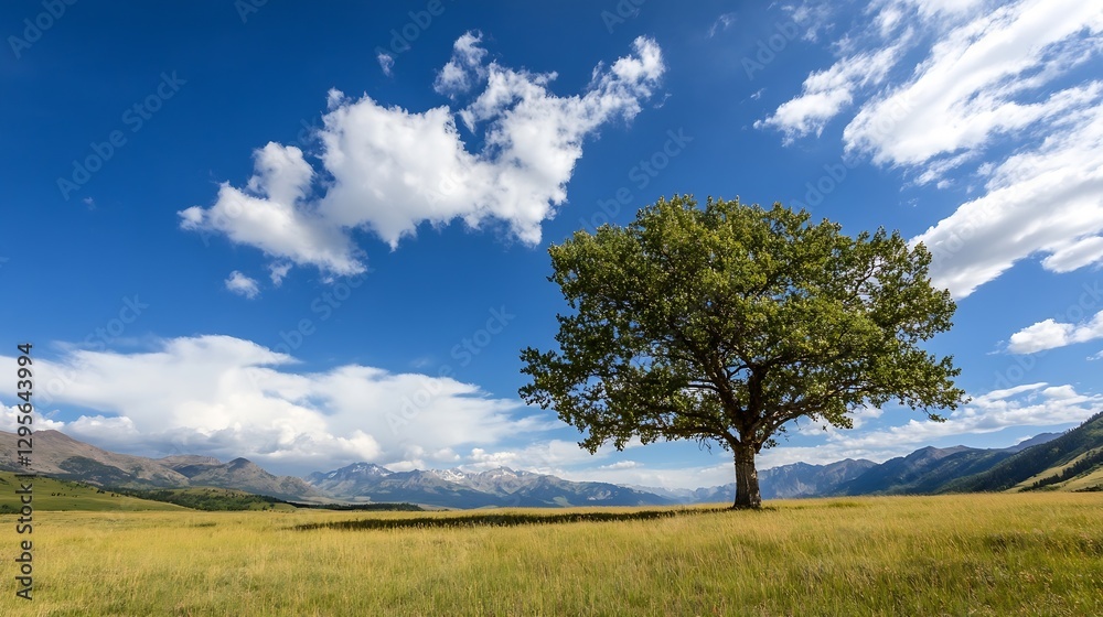 Poster majestic tree standing alone in a vibrant green field beneath a bright blue sky with fluffy clouds :