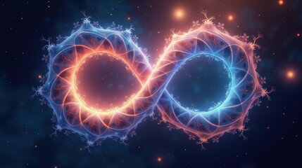 Obraz premium Two intertwined fractal spirals glowing with ethereal light, quantum strings vibrating in harmony, abstract waveforms radiating from the core