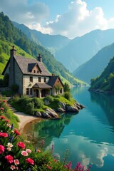 Fototapeta premium Charming stone cottages, rolling hills, serene lake , picturesque, landscape, village