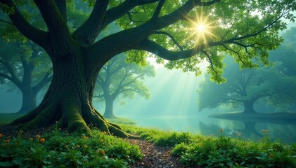 Fototapeta premium Misty forest scene, ancient oak, meditation spot, peaceful, organic, solitude