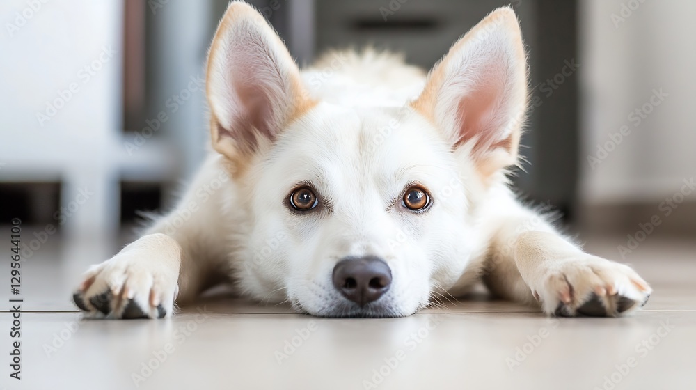 Poster adorable fluffy dog with big ears lying on the floor looking up with curious eyes : generative ai