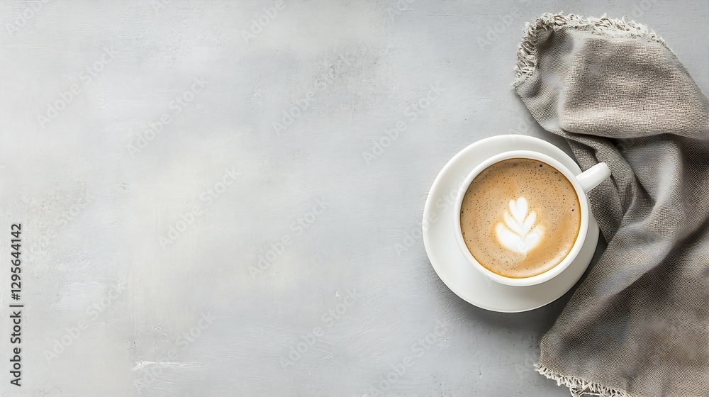 Aufkleber freshly brewed coffee with beautiful foam art surrounded by soft fabric and elegant background : gen