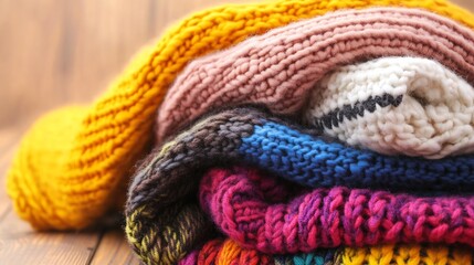 Colorful knit sweaters stacked warmly offering comfort and style in vibrant hues : Generative AI