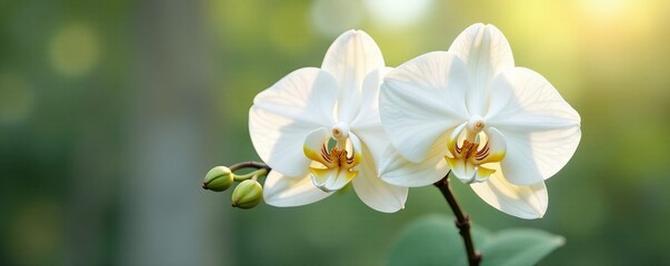 Obraz premium Elegant white orchid blossoms with unopened buds in soft natural light, nature, beauty, elegant