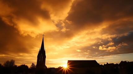 Obraz premium Silhouette of Historic Church Against Fiery Sunset Sky with Dramatic Clouds : Generative AI