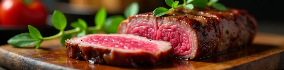Obraz premium Sliced grilled top sirloin, medium rare, pink center , restaurant, beef steak, meat