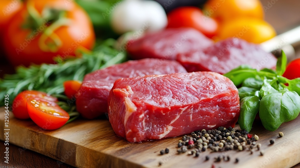Poster fresh raw beef steaks along with vibrant vegetables and spices displayed on a rustic wooden cutting 