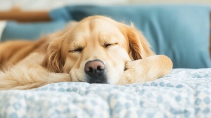 Obraz premium Golden Retriever Sleeping Peacefully on a Cozy Bed with Soft Blanket : Generative AI