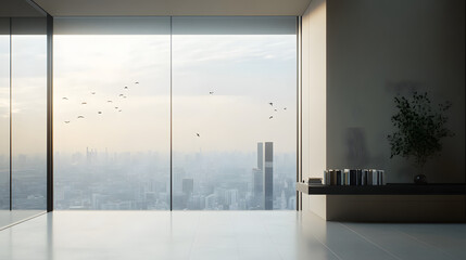 Obraz premium A sleek interior space features floor-to-ceiling glass walls, revealing a sprawling city below. Soft light fills the room as birds fly in the twilight sky, creating a tranquil ambiance.