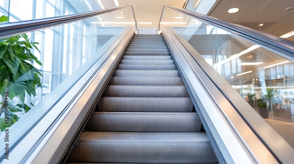 Poster modern escalator in bright indoor environment leading to upper levels of a contemporary building : g