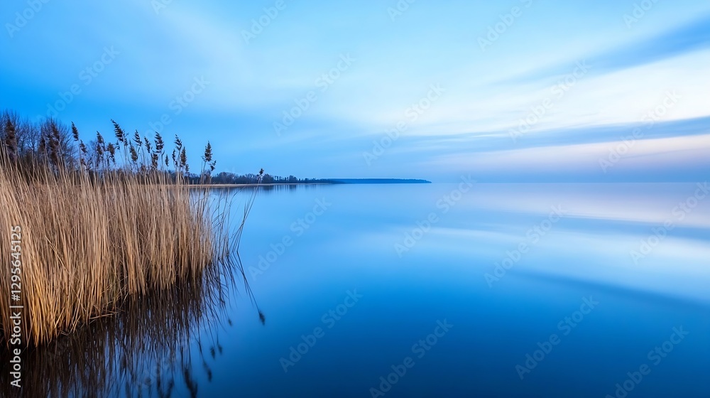 Poster tranquil landscape with calm water and reeds under a dramatic sky during the twilight hours : genera