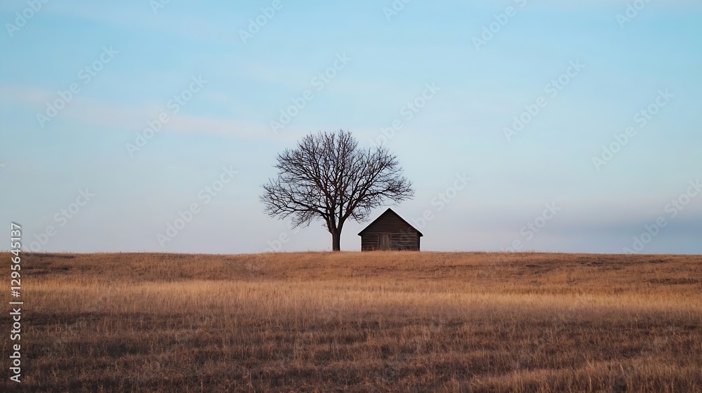 Poster lonely tree standing beside a rustic cabin on a vast golden field under a clear blue sky : generativ
