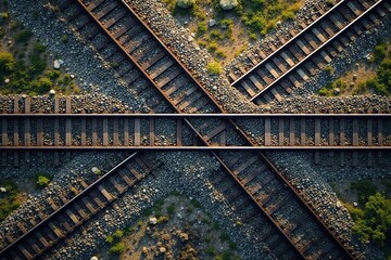 Overhead view of intersecting railroad tracks, industrial setting, aerial, grunge, perspective
