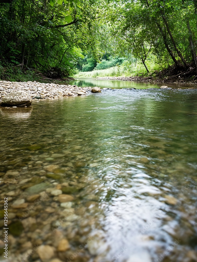 Poster Idyllic view of a tranquil stream flowing through a lush green forest with smooth stones in the foreground : Generative AI