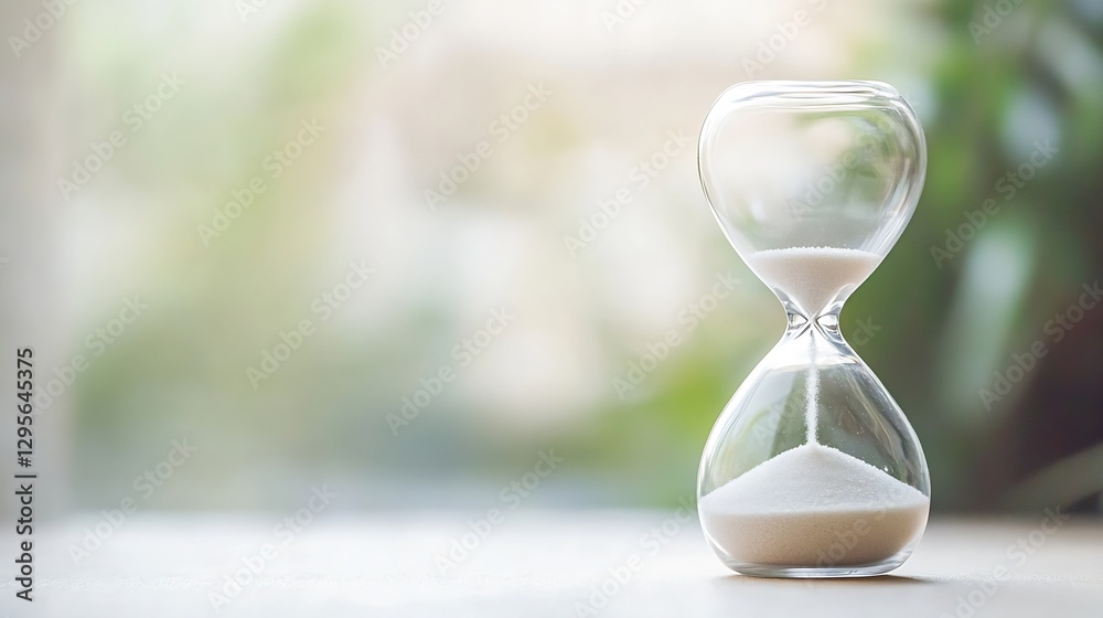 Poster elegant hourglass with white sand slowly draining inside a softly lit room symbolizing the passage o