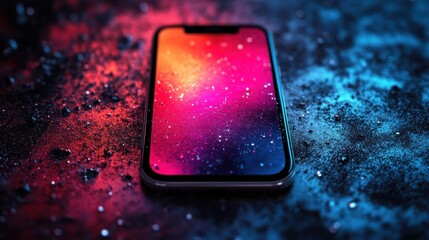 Vibrant Smartphone Display with Colorful Cosmic Background Featuring Bright Stars and Nebula Effects, Perfect for Technology and Digital Themes