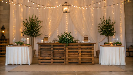 eco friendly wedding recycled venue Elegant rustic wedding setup featuring wooden tables, greenery, and fairy lights.