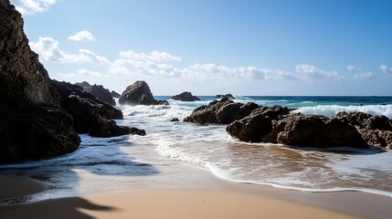 Obraz premium Golden Sandy Beach with Waves Crashing on Rocks Under a Bright Blue Sky : Generative AI