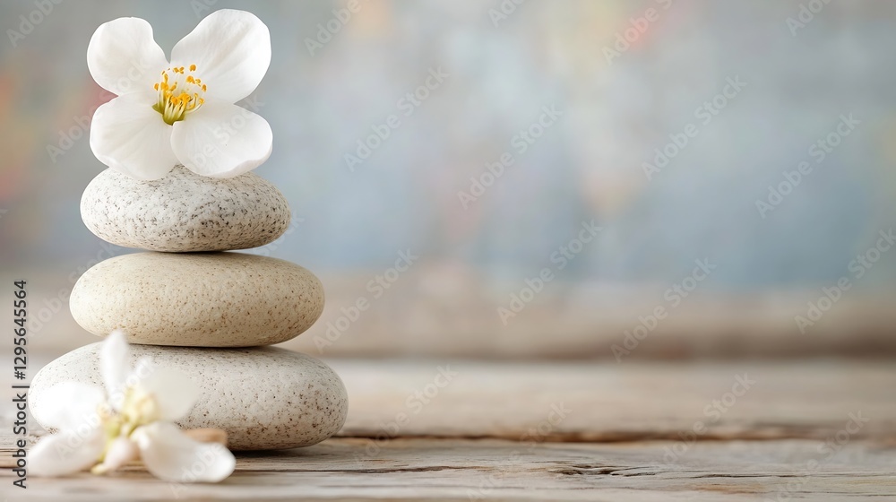 Poster zen stones stacked with beautiful white flower on soft background : generative ai