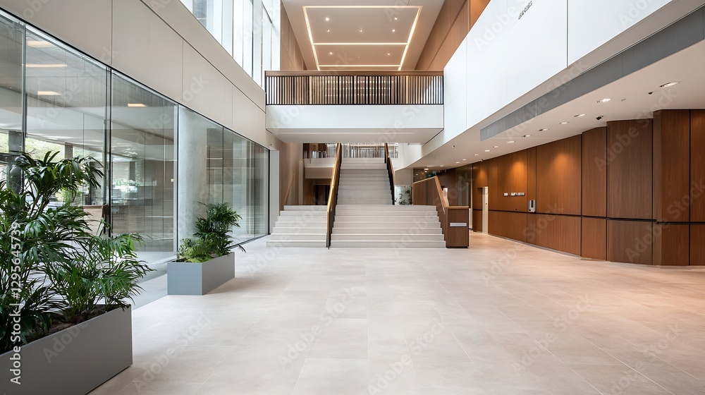 Poster modern interior design with open space and natural light highlighting stairs and greenery : generati