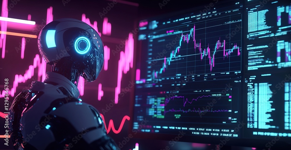 Poster futuristic robot analyzing financial data on multiple screens