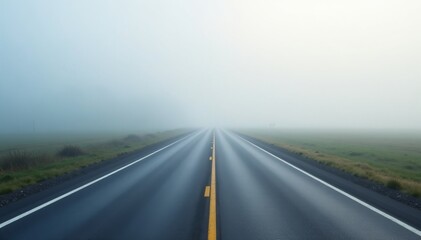 Fototapeta premium Endless white road disappearing into a misty horizon on a foggy day, journey, mist, fog