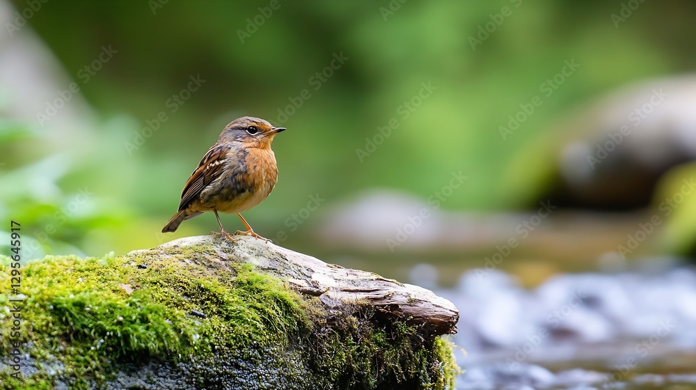 Poster beautiful little bird perched gracefully on a mossy log by a tranquil stream in nature : generative 