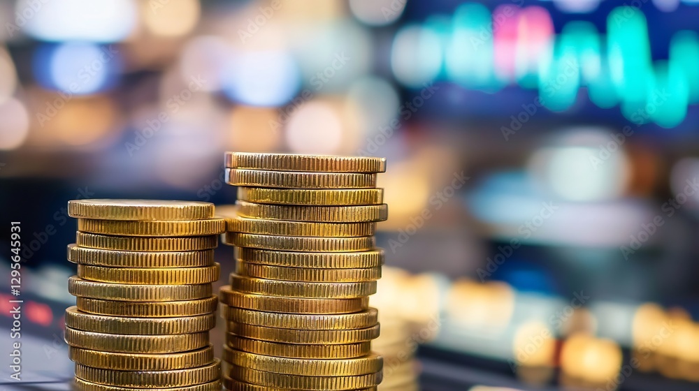 Aufkleber closeup of stacks of shiny coins against a blurred financial background emphasizing wealth and inves
