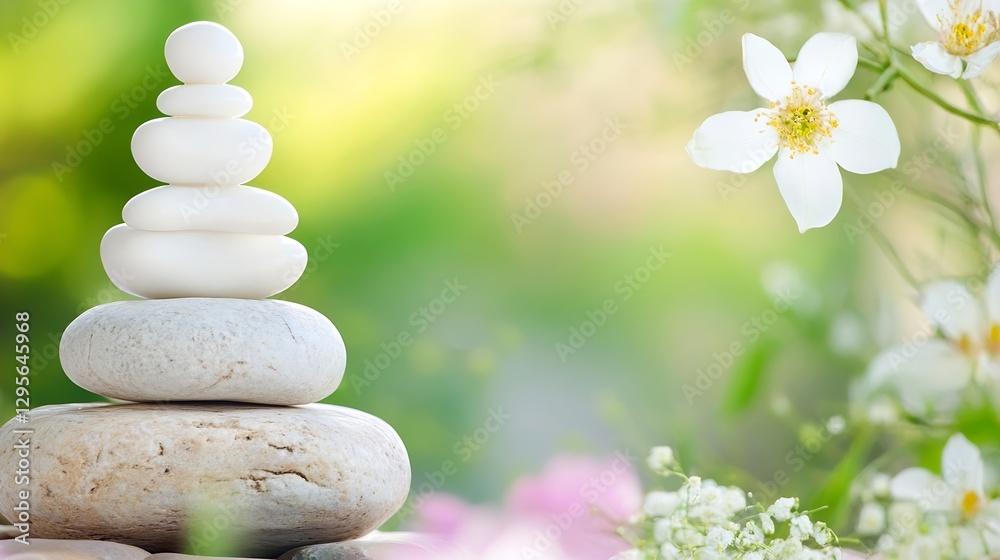 Poster serenity in nature with balanced stones and beautiful flowers under soft light : generative ai