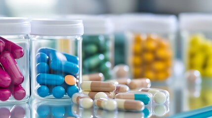 Assorted colorful capsules and tablets in clear jars on reflective surface in soft focus : Generative AI