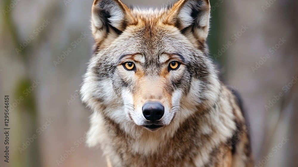 Poster wild wolf with striking golden eyes and lush fur looking directly at the camera in a forest : genera