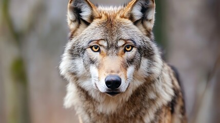 Wild wolf with striking golden eyes and lush fur looking directly at the camera in a forest : Generative AI