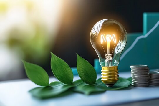Energy stock growth green investment. Light bulb surrounded by leaves and coins, symbolizing sustainable energy.