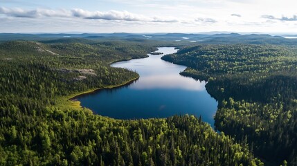 Fototapeta premium Aerial view of a majestic lake surrounded by dense forests and stunning natural landscapes : Generative AI